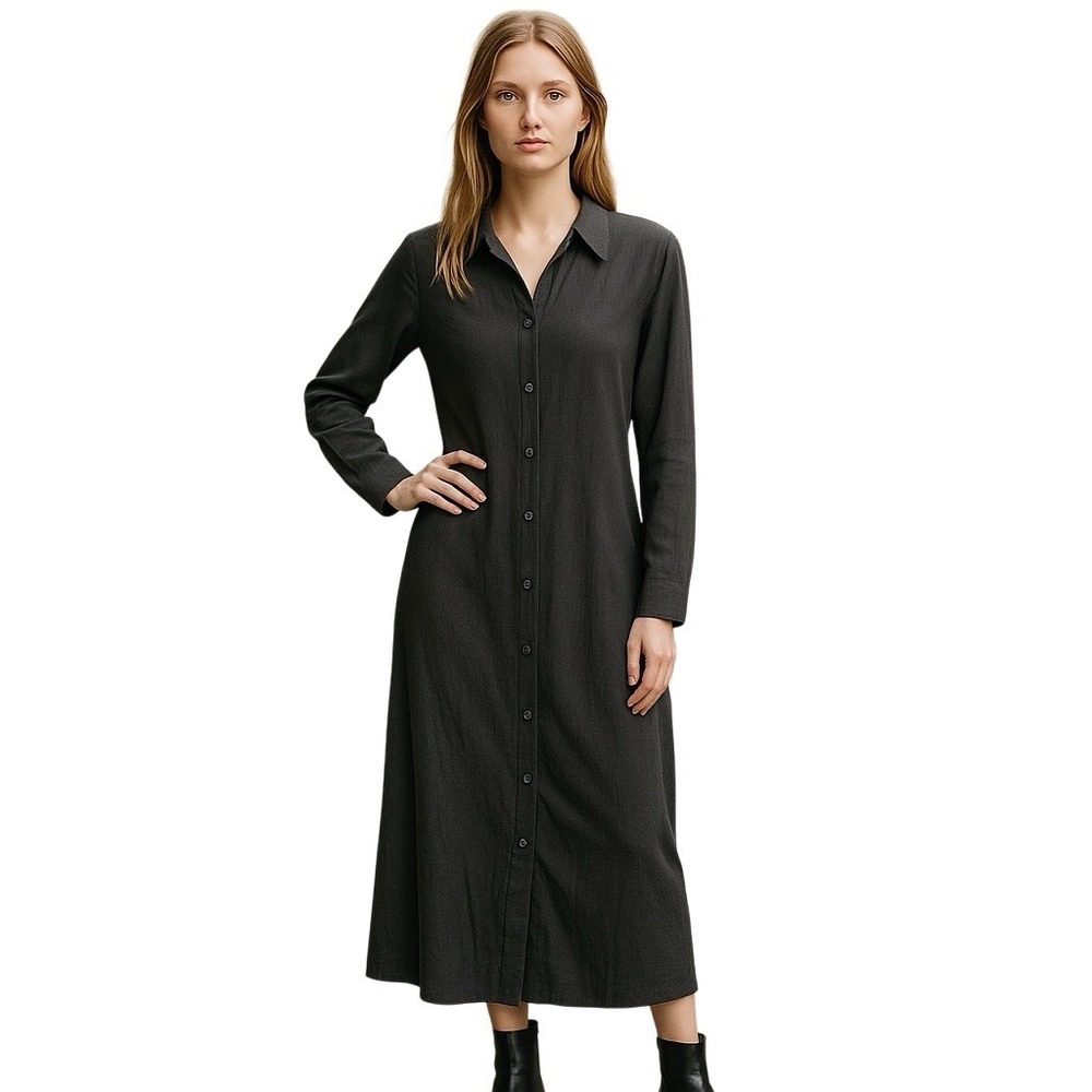 Bluivy Maxi Dress Medium Black Ada Button Down Roll Tab Sleeve Minimalist Pocket